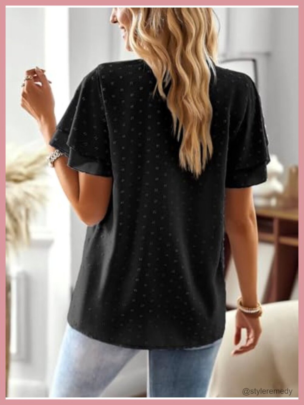 Womens V Neck Crochet Lace Blouse Short Sleeve Swiss Dots Top - Picture 2 of 6